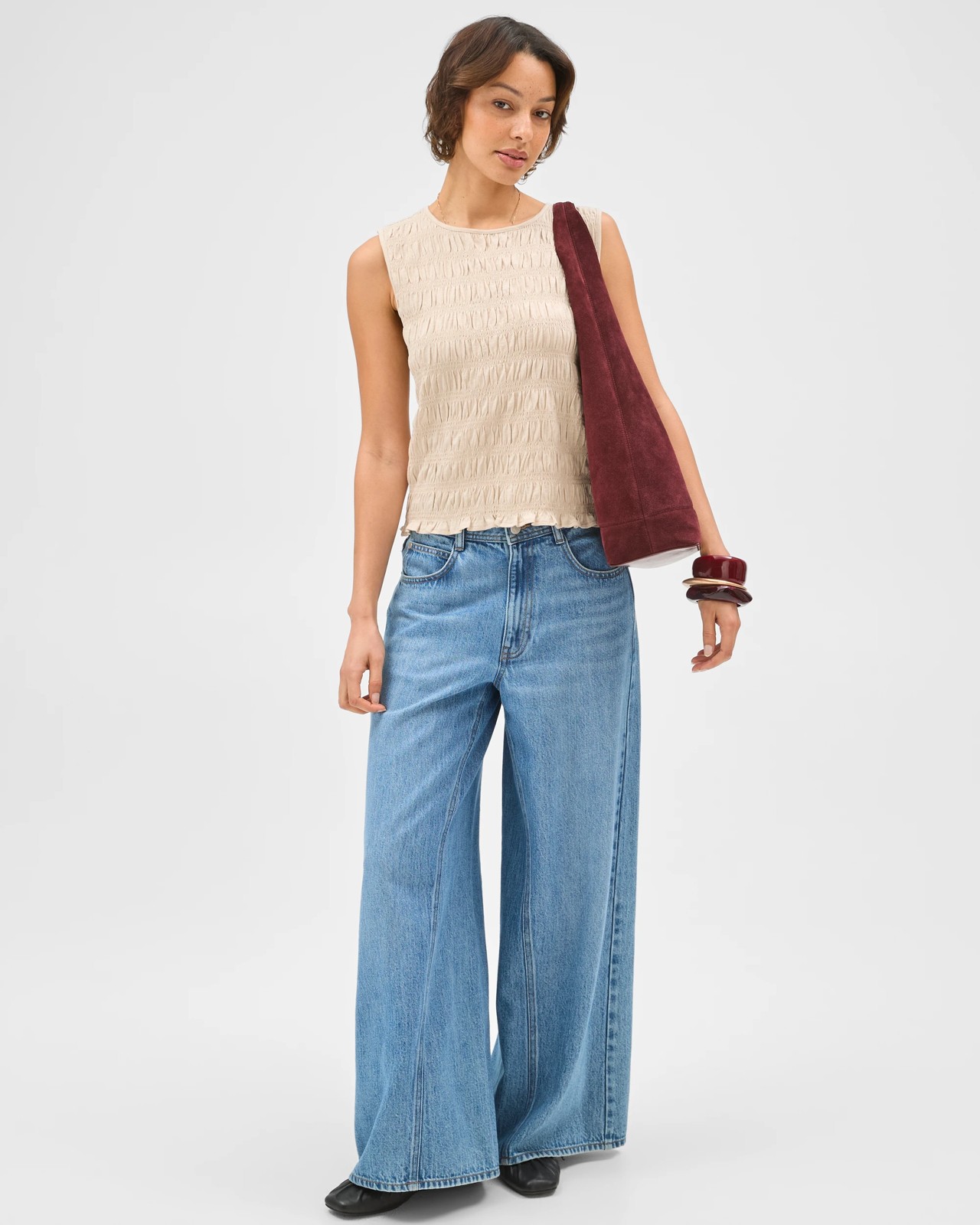 Australian Cotton Sleeveless Shirred Tank Top - Oatmeal marle 2 of 6