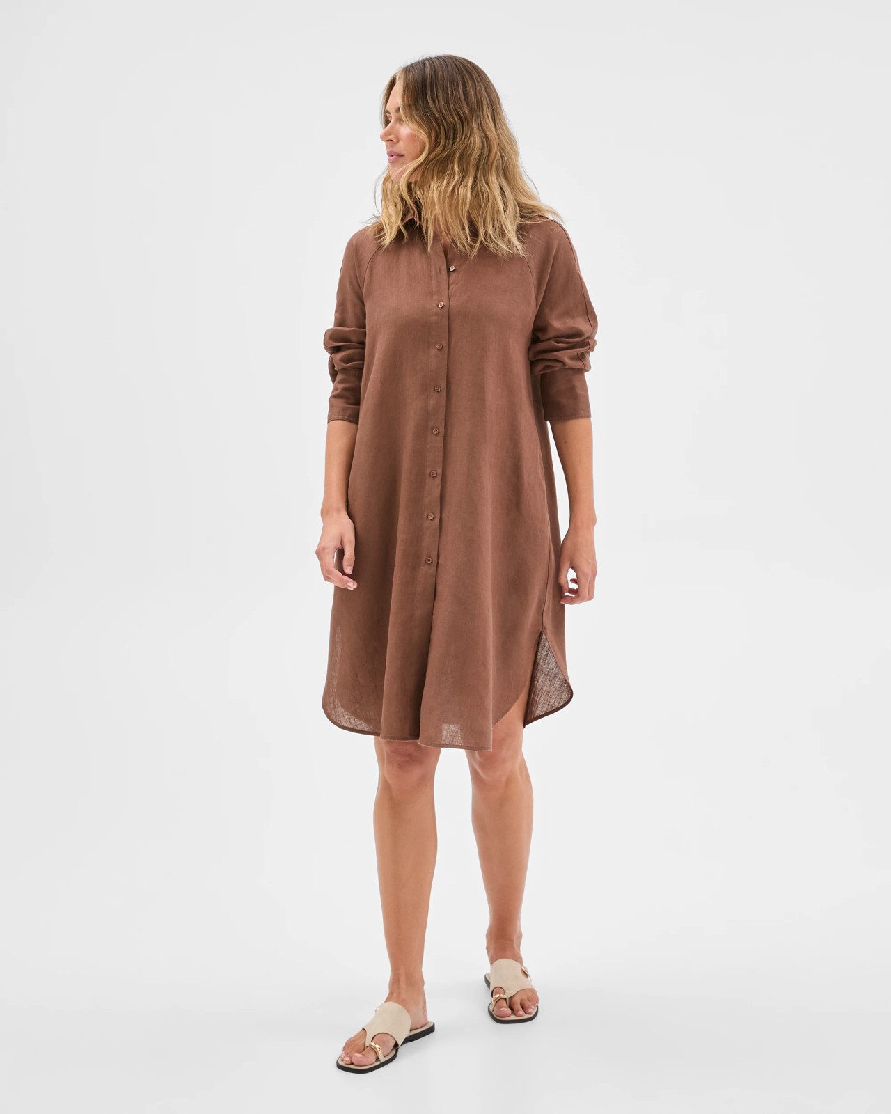 European Linen 3/4 Sleeve Midi Shirt Dress - Warm Brown 2 of 6