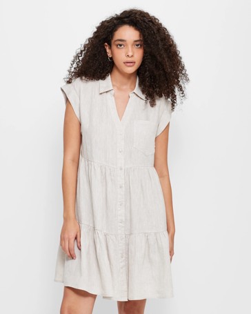 Linen Tiered Midi Shirt Dress