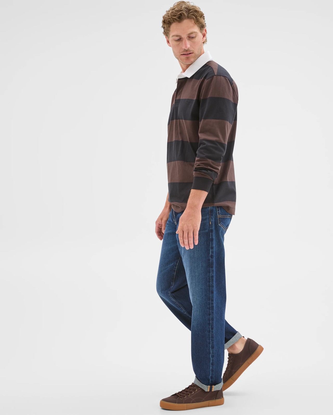 Australian Cotton Long Sleeve Rugby Polo Top - Chocolate Stripe 4 of 5