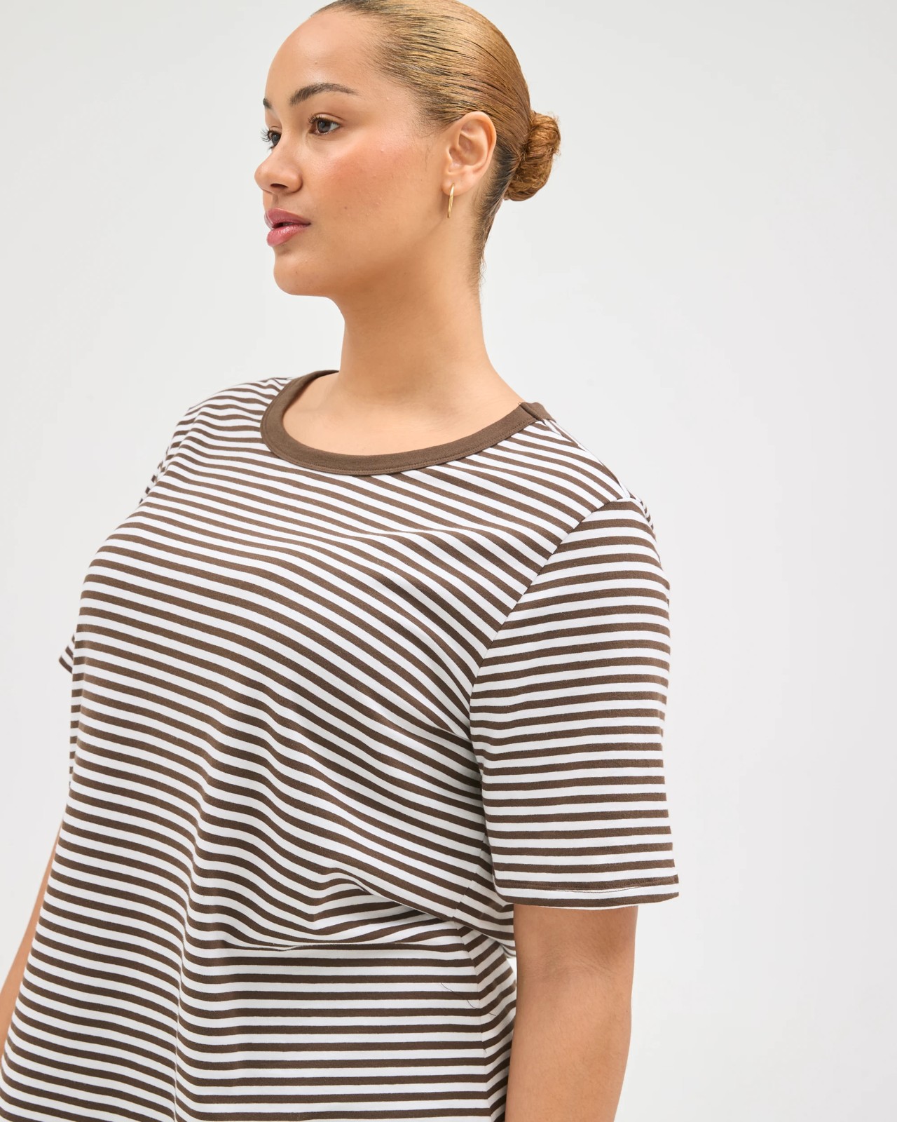 Plus Size Australian Cotton Crew Neck T-Shirt - Chocolate/White Stripe 5 of 6