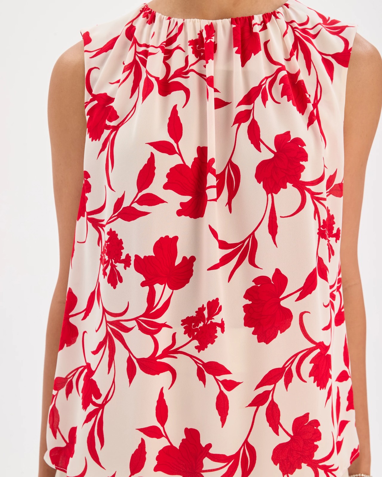 Preview Sleeveless Gathered Neck Blouse - Red Silhouette Floral 4 of 6