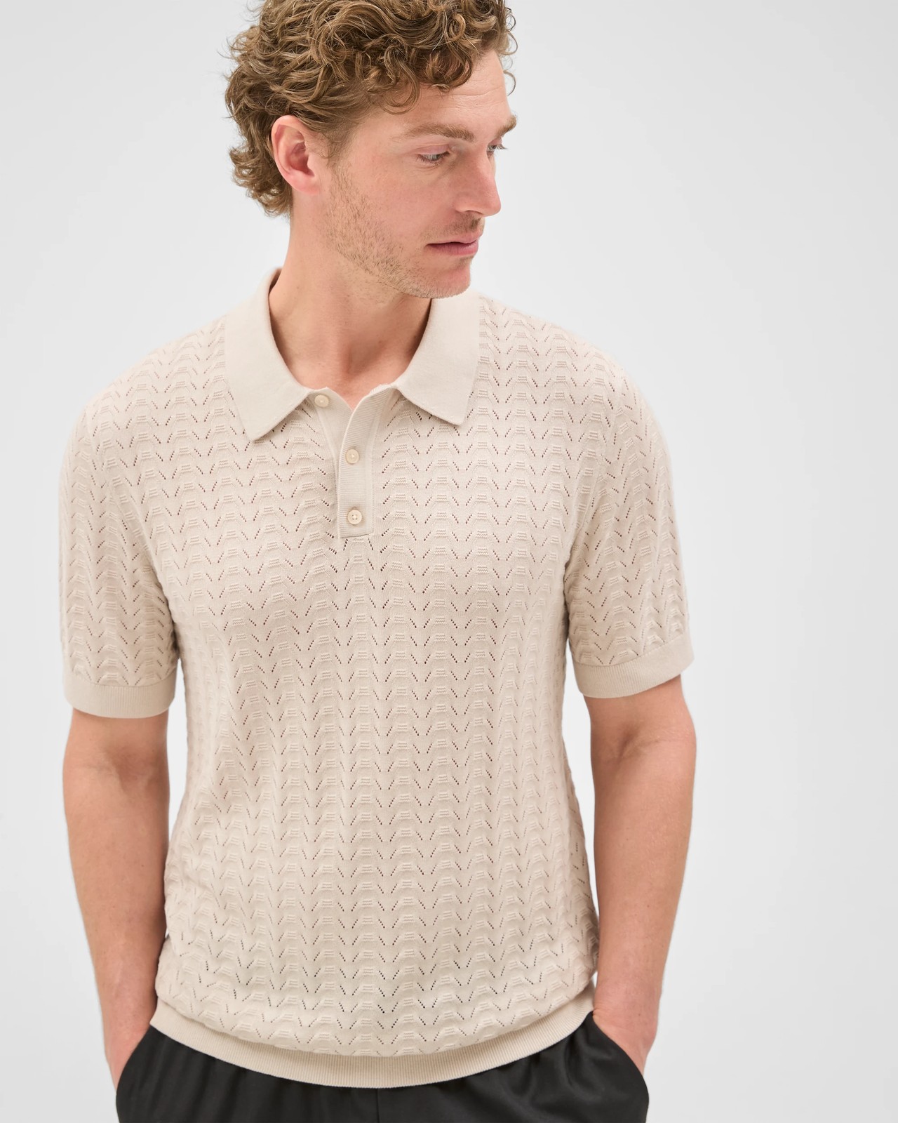 Preview Knitted Textured Polo Top - Moonbeam 3 of 6