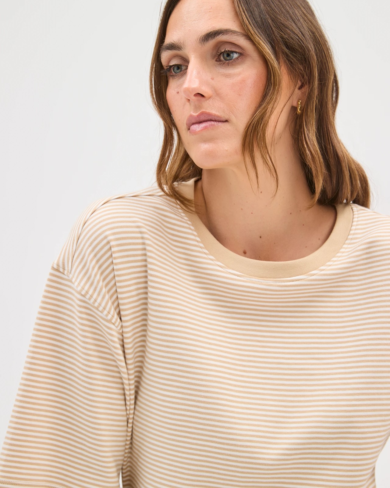 Australian Cotton Gathered Waist T-Shirt - Macchiato Pearl Stripe 4 of 5