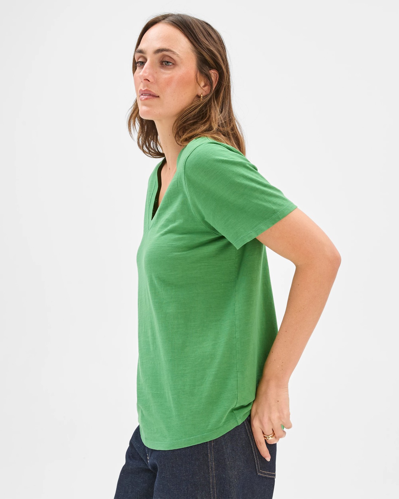 Australian Cotton Slub Relaxed V-Neck T-Shirt - Pine 5 of 5