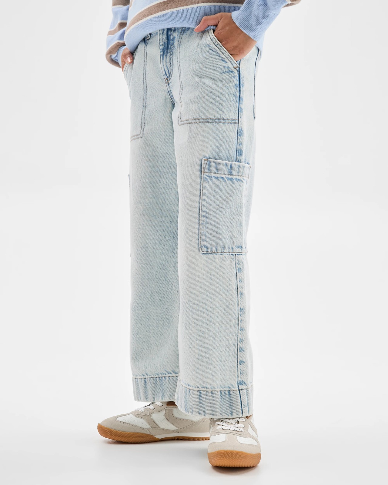 Denim Cargo Wide Leg Jeans - Light Wash 2 of 5