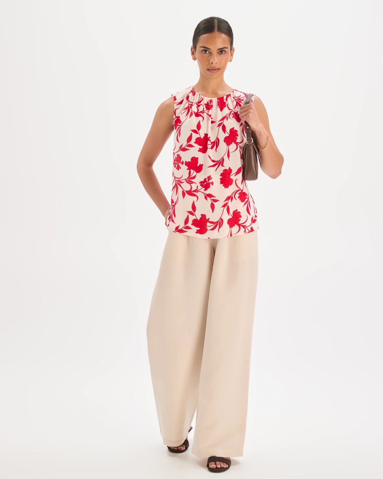 Preview Sleeveless Gathered Neck Blouse - Red Silhouette Floral 2 of 6