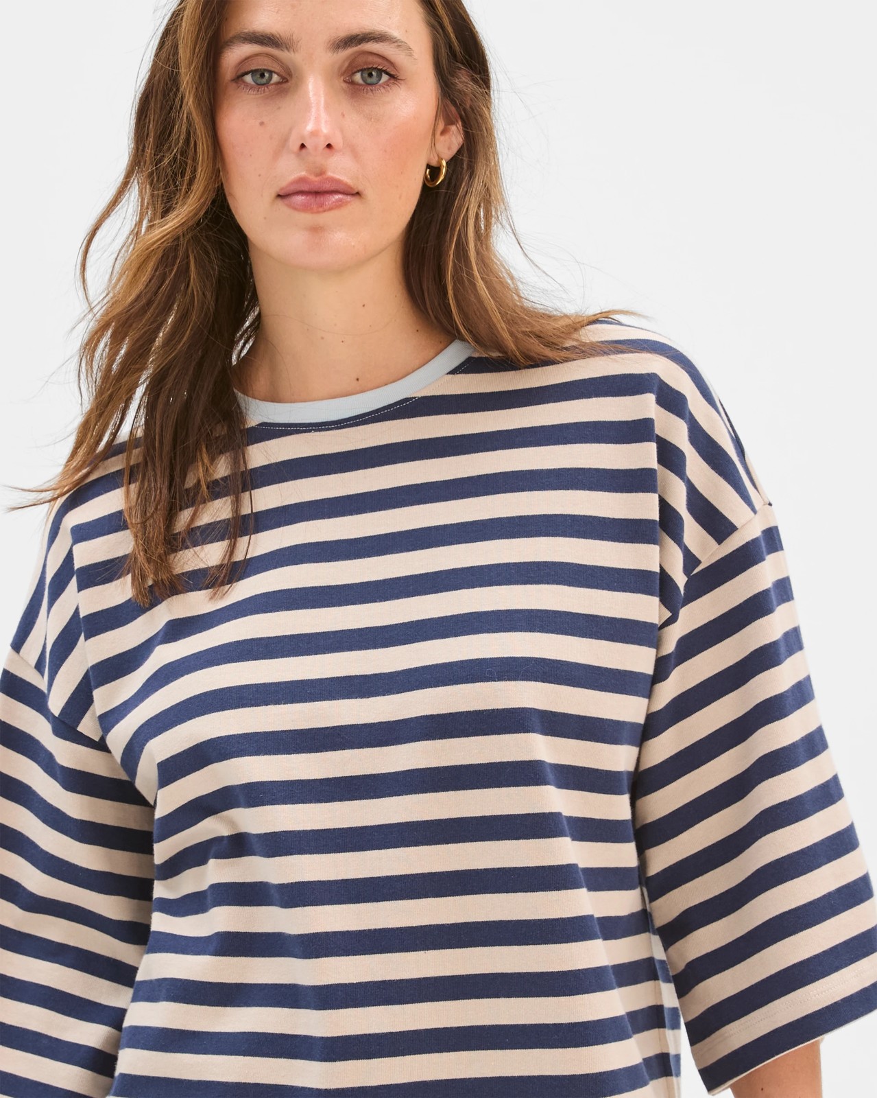 Australian Cotton 3/4 Length Wide Sleeve Boxy T-Shirt - Navy / Birch 3 of 5