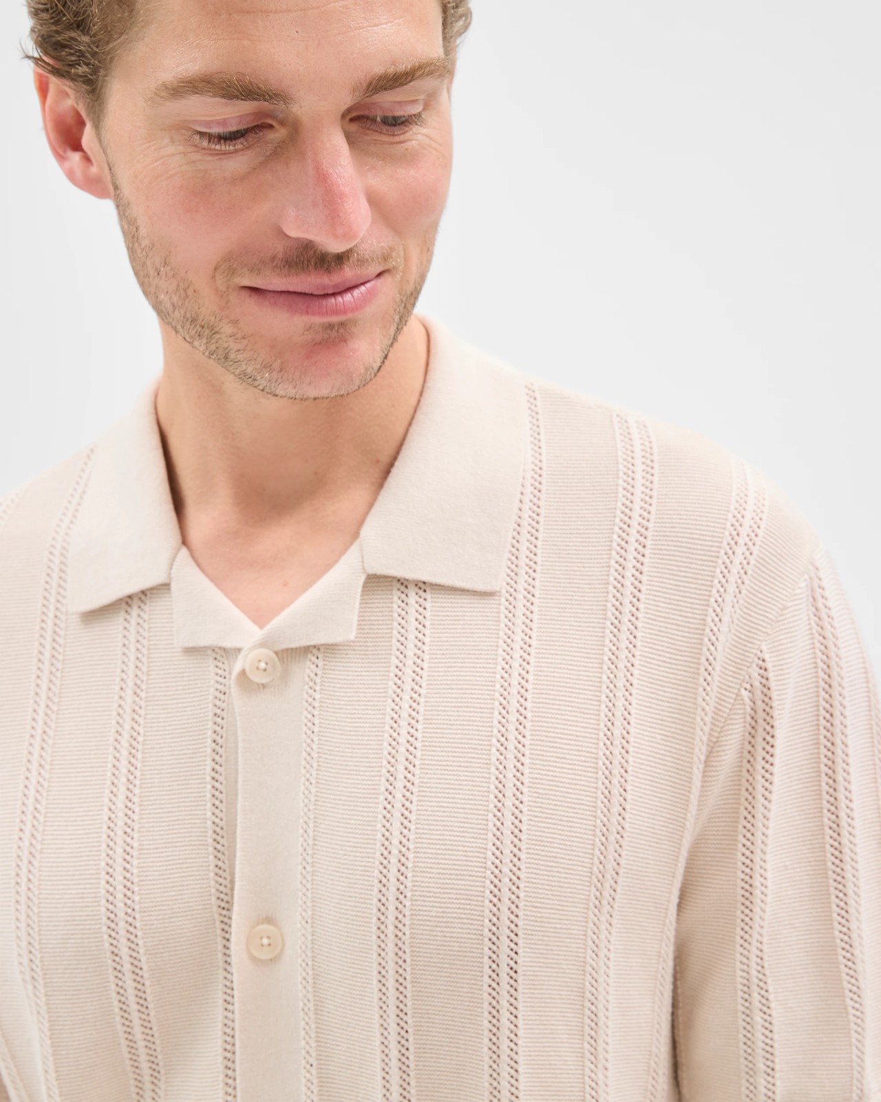 Australian Cotton Short Sleeve Textured Stripe Knit Shirt - Birch Marle 5 of 5