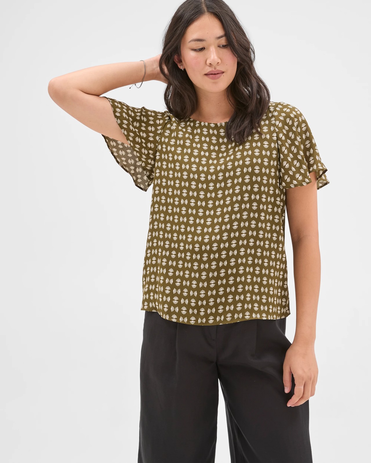 Preview Ella Crew Neck Blouse - Khaki Geo 3 of 5
