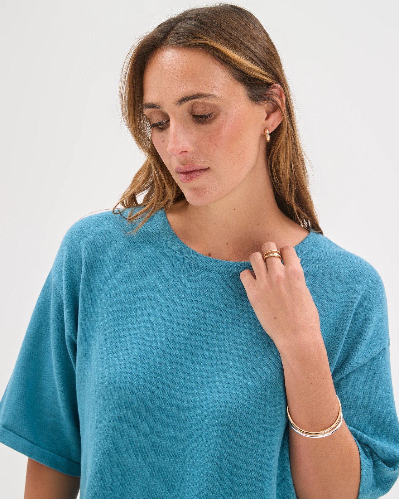 Australian Cotton Blend Drop Shoulder Boxy Knit T-Shirt - Soft Ocean 2 of 6