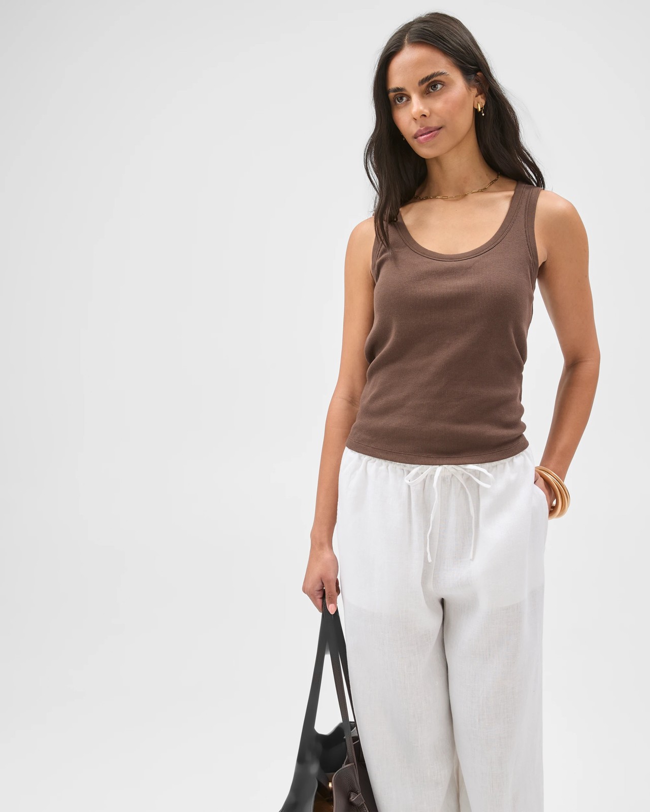 Australian Cotton Blend Scoop Neck Tank Top with Shelf Bra - Coffee Bean 2 of 6