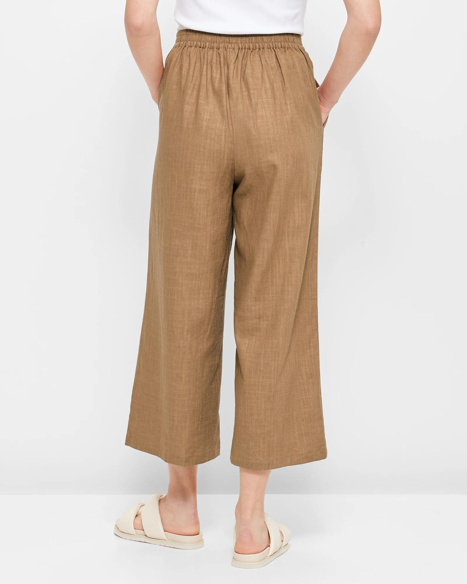 KINPLE Women' S Culottes Linen Blend Wide Leg Pants Elastic Waist Casual Palazzo Trousers With Pockets Capris