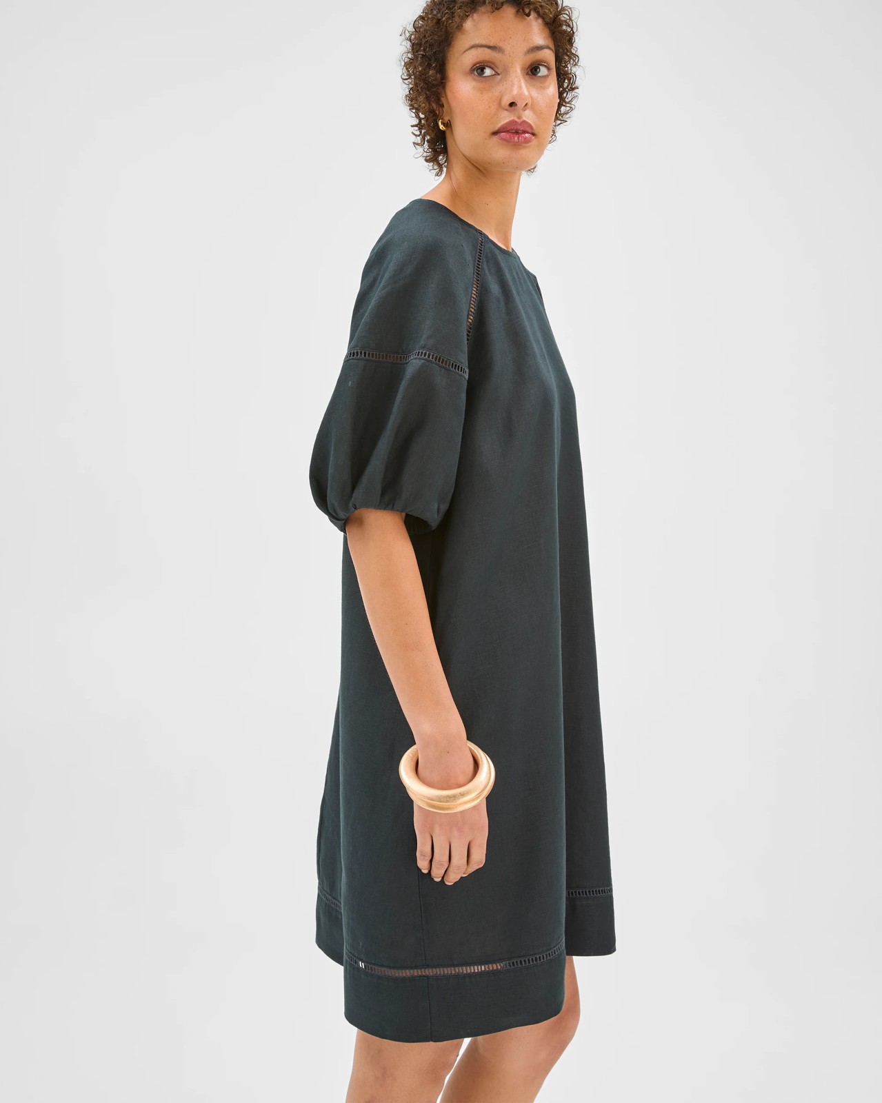 European Linen Trim Detail Mini Dress - Black 4 of 6