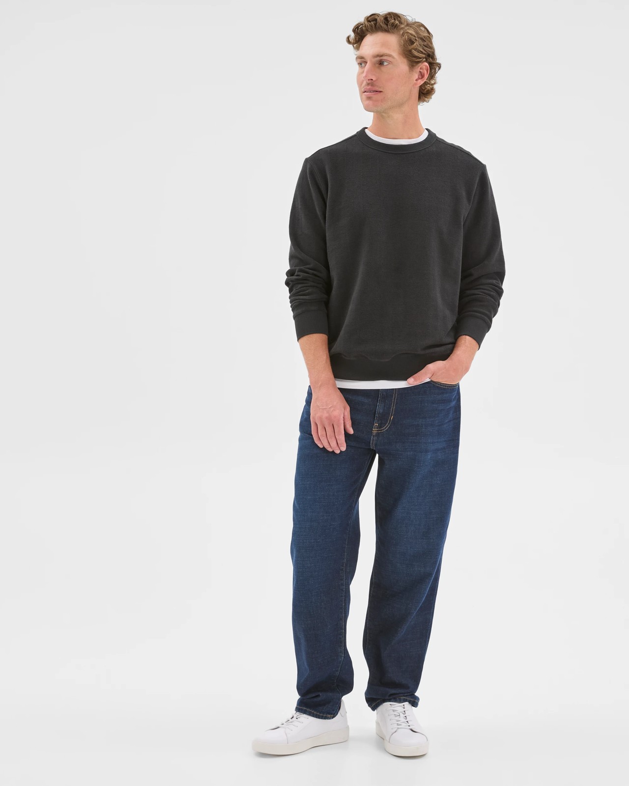 Australian Cotton Herringbone Long Sleeve Crew Neck Fleece Top - Black 2 of 6