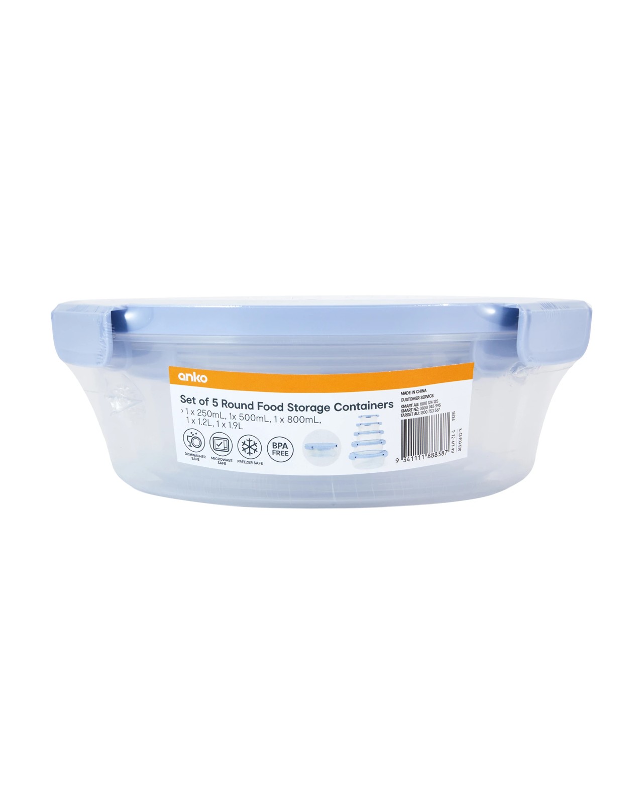 Anko Set of 5 Round Food Storage Containers - Blue 4 of 4