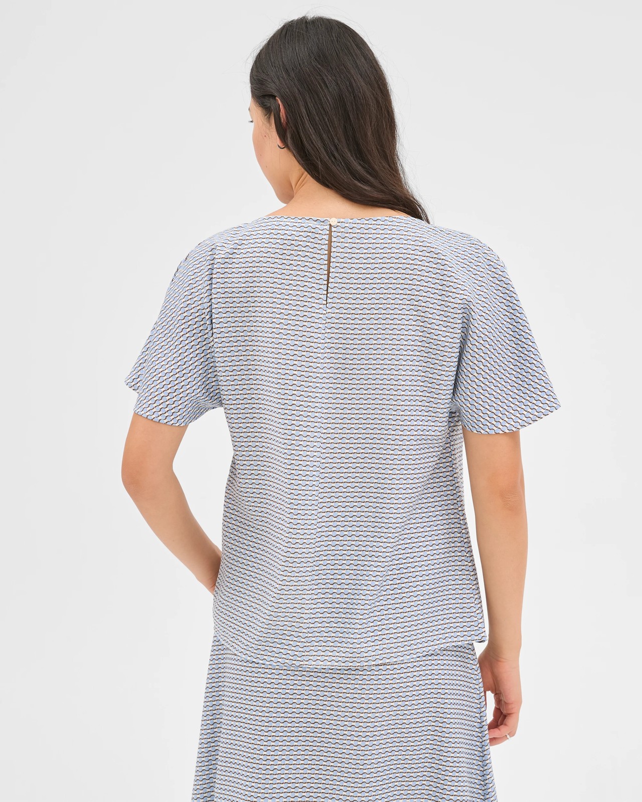 Preview Short Flutter Sleeve Textured Blouse - Blue Mist Micro Geo 6 of 6