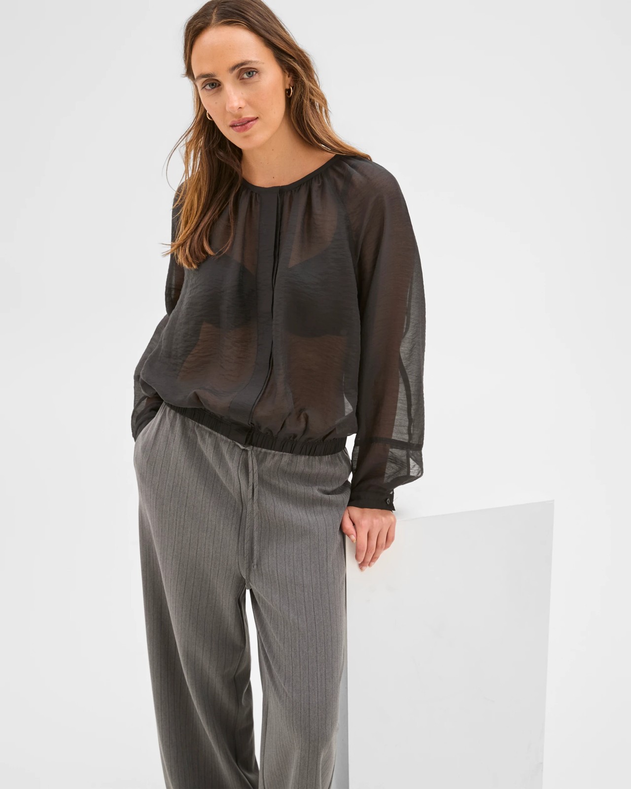 Preview Long Raglan Sleeve Gathered Blouse - Black 6 of 6