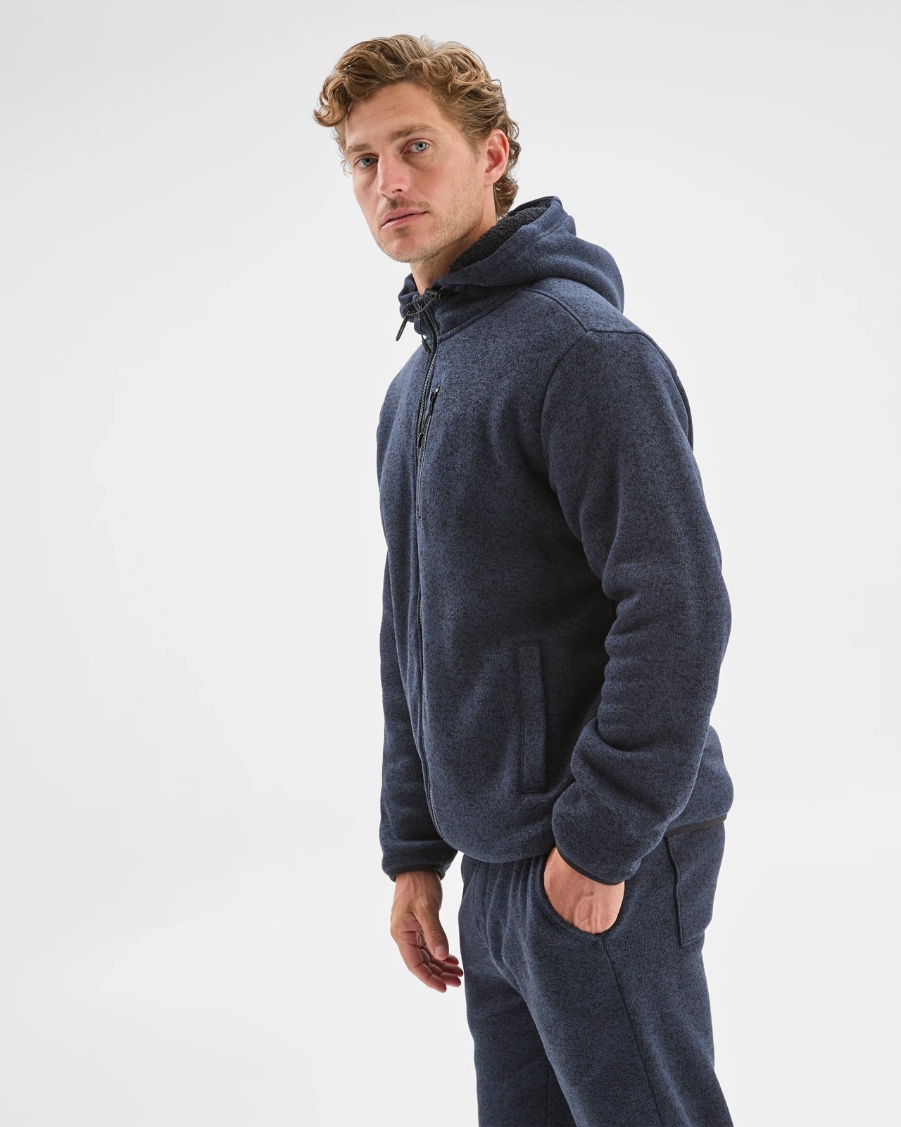 Teddy Lined Zip Through Fleece Hoodie - Navy Marle 4 of 5