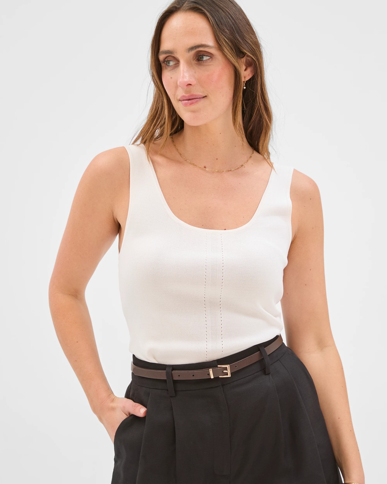 Preview Slim Fit Crepe Knit Detail Tank Top - Cloud Dancer 3 of 5