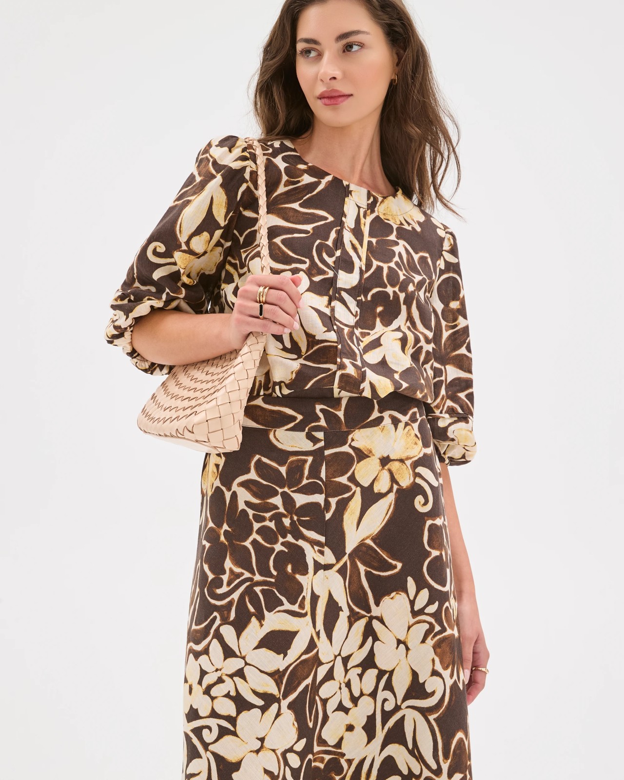 Petites European Linen Seam Detail Midi Skirt - Floral Print 2 of 6