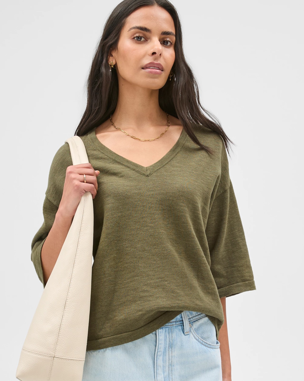 Australian Cotton Blend Boxy V-Neck Knitted T-Shirt - Deep Moss 4 of 6