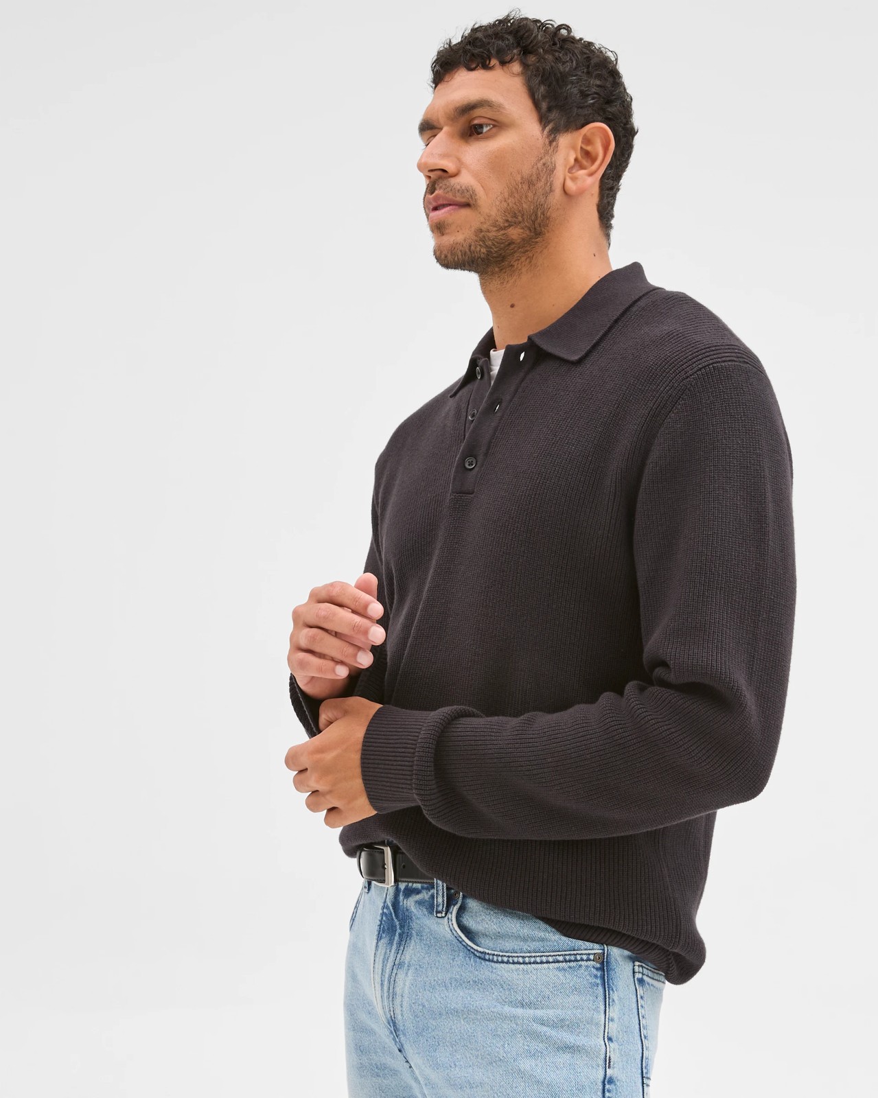 Australian Cotton Lightweight Long Sleeve Polo Neck Knit Sweater - Black 3 of 6