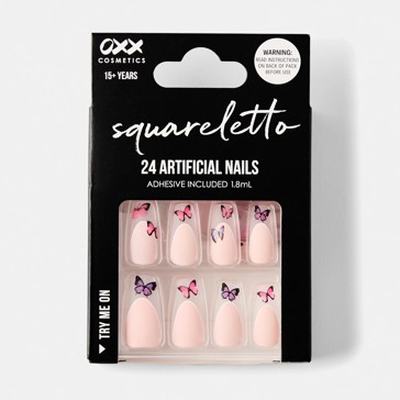 24 Pack Artificial Nails with Adhesive, Squareletto Shape, Butterflies - OXX Cosmetics