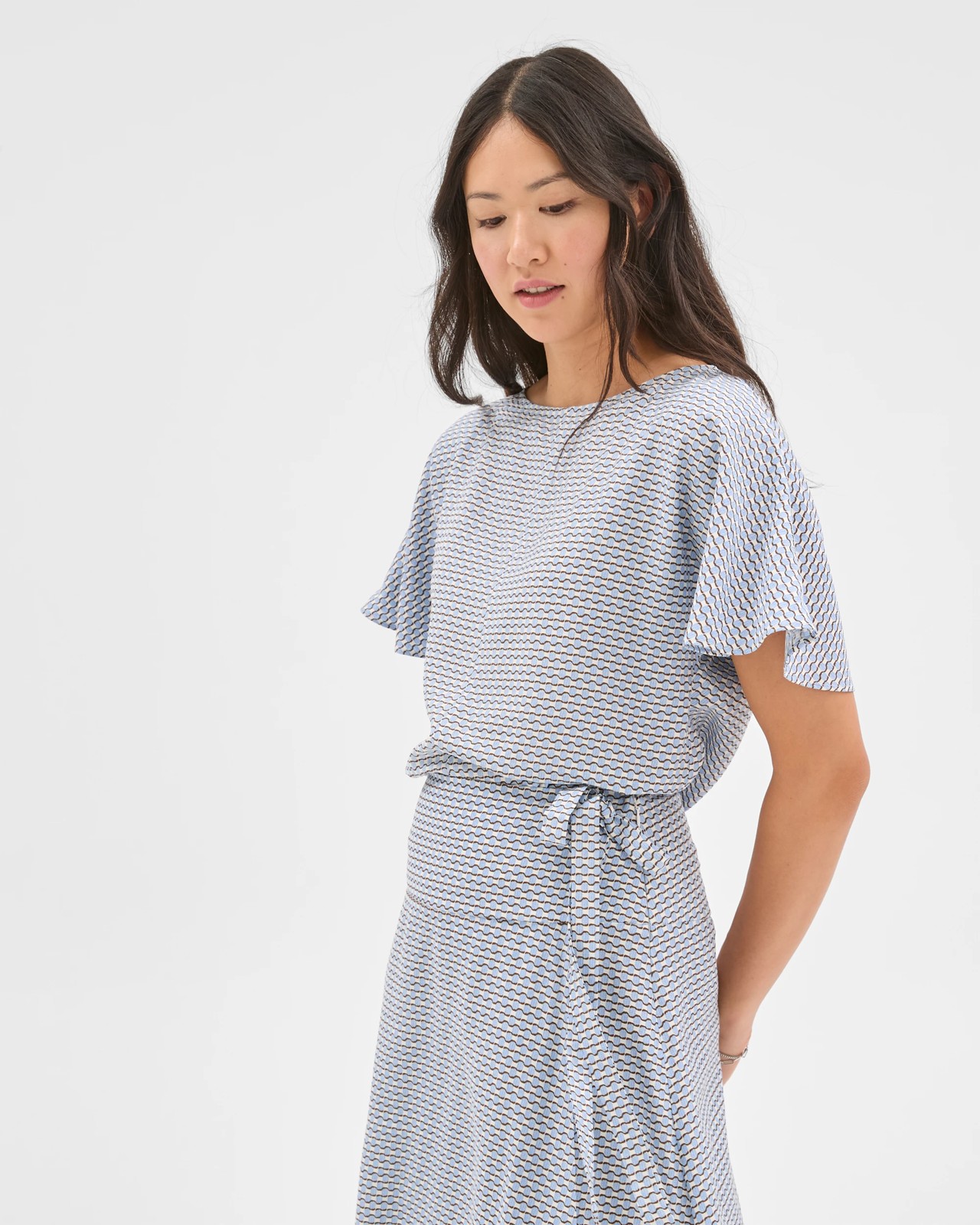 Preview Short Flutter Sleeve Textured Blouse - Blue Mist Micro Geo 3 of 6