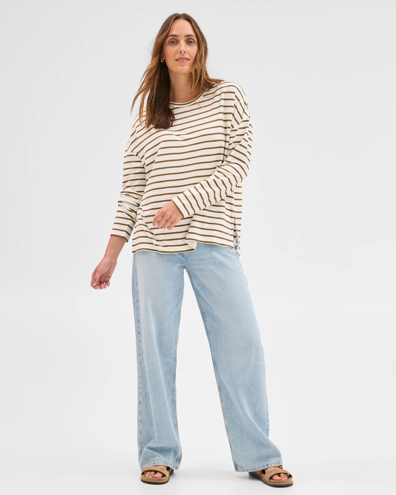 Long Sleeve Drop Shoulder Curved Hem Top - Cream/Olive 3 of 6