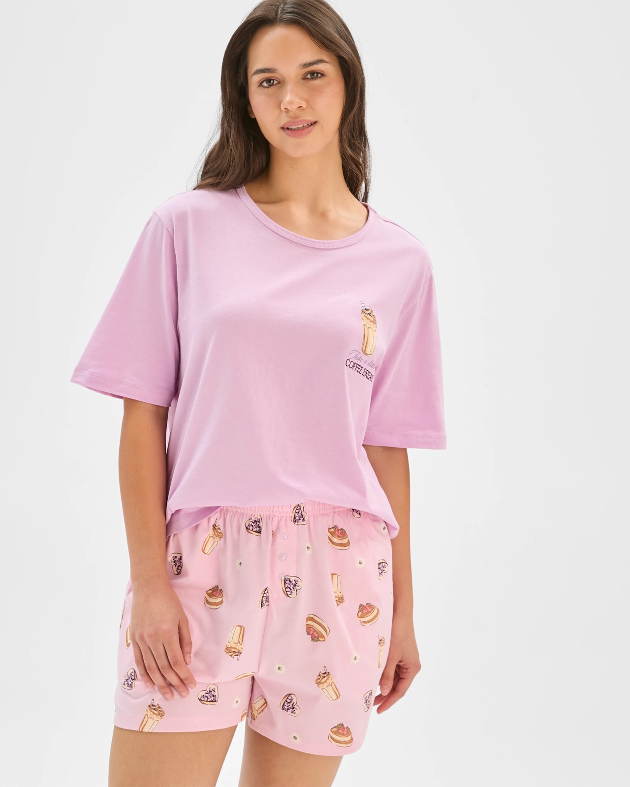 Australian Cotton Sleep Shorts - Coffee Print Pink 2 of 6