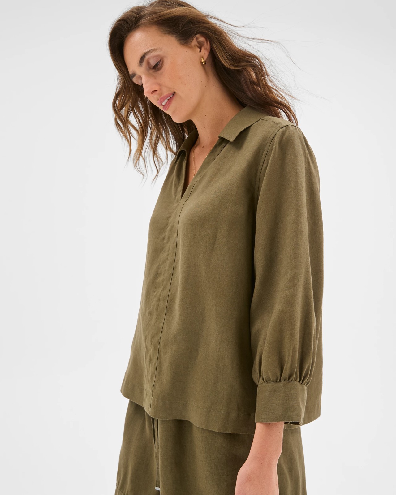 European Linen Long Sleeve Popover Top - Dusty Moss 3 of 5