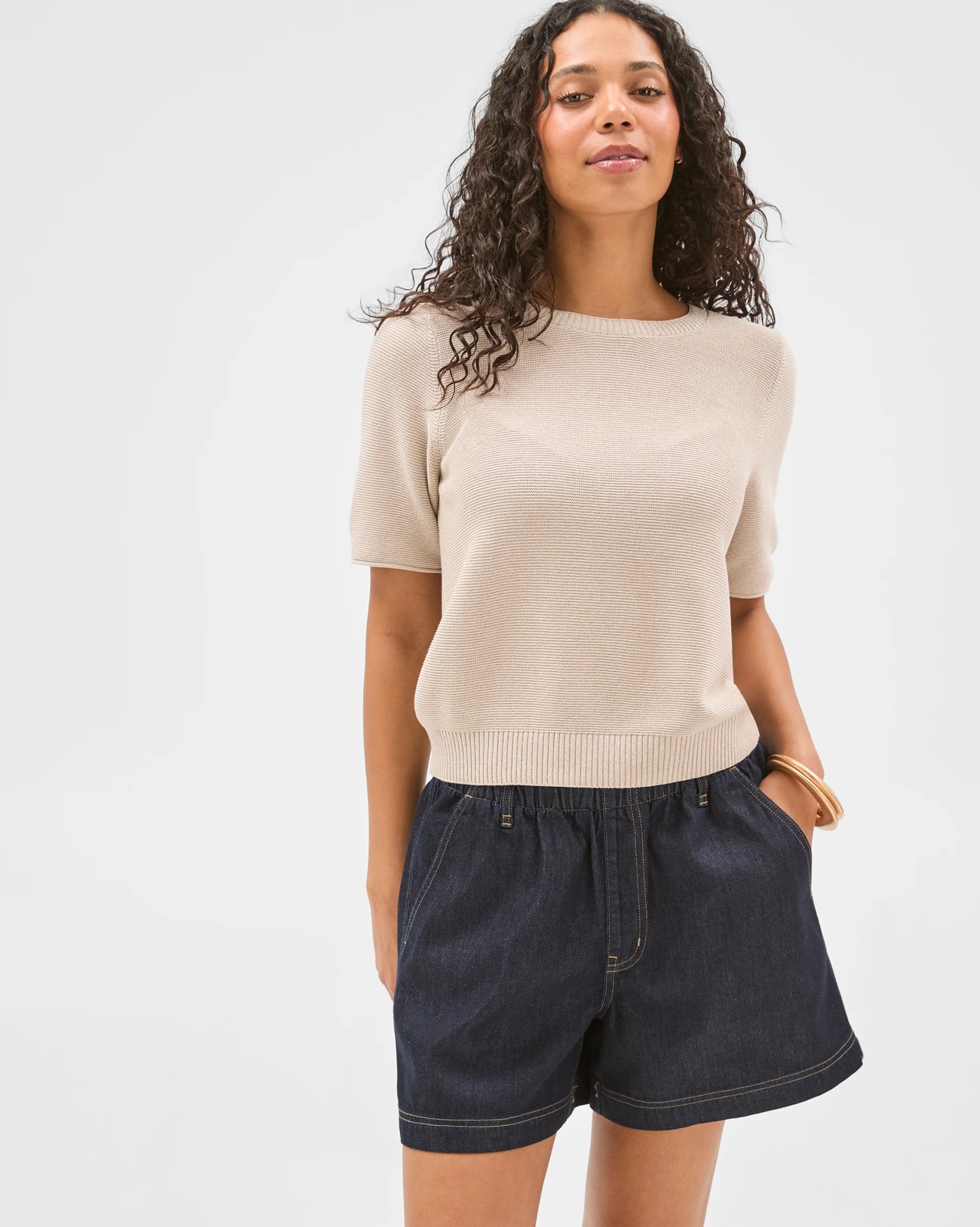 Australian Cotton Blend Relaxed Fit Ottoman Stitch Knitted T-Shirt - Pebble 2 of 6