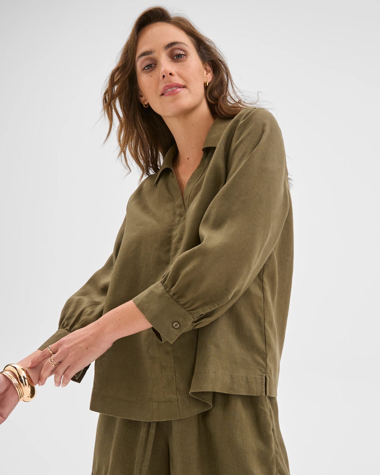 European Linen Long Sleeve Popover Top - Dusty Moss 2 of 5