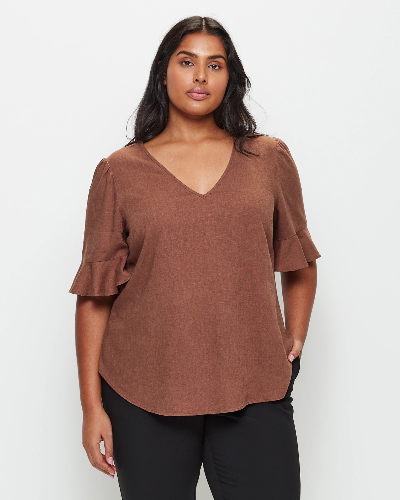 Plus Size Linen Blend Flutter Sleeve T-Shirt - Mink