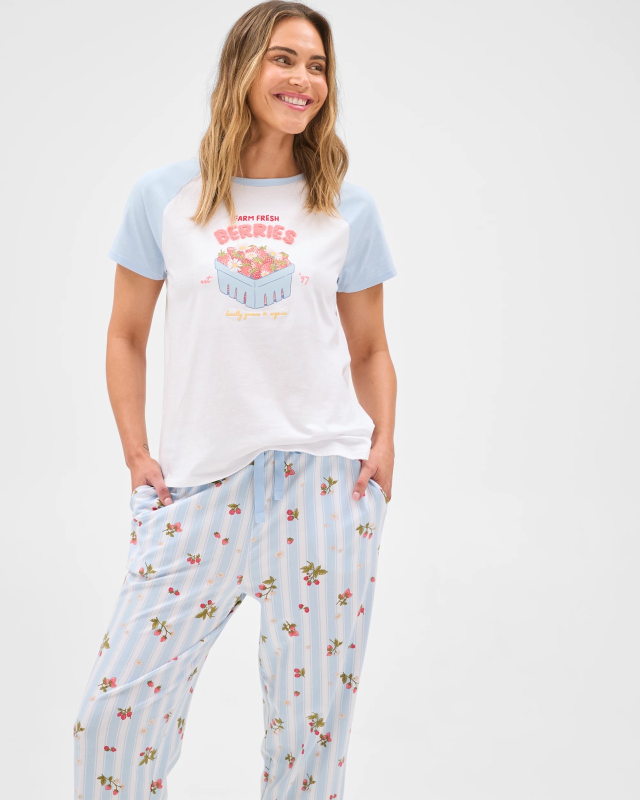 Australian Cotton 7/8 Length Jersey Sleep Pants - Strawberry Blue 4 of 6