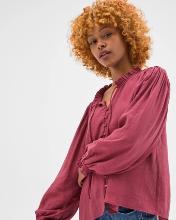 Petites Long Sleeve Ruffle Blouse