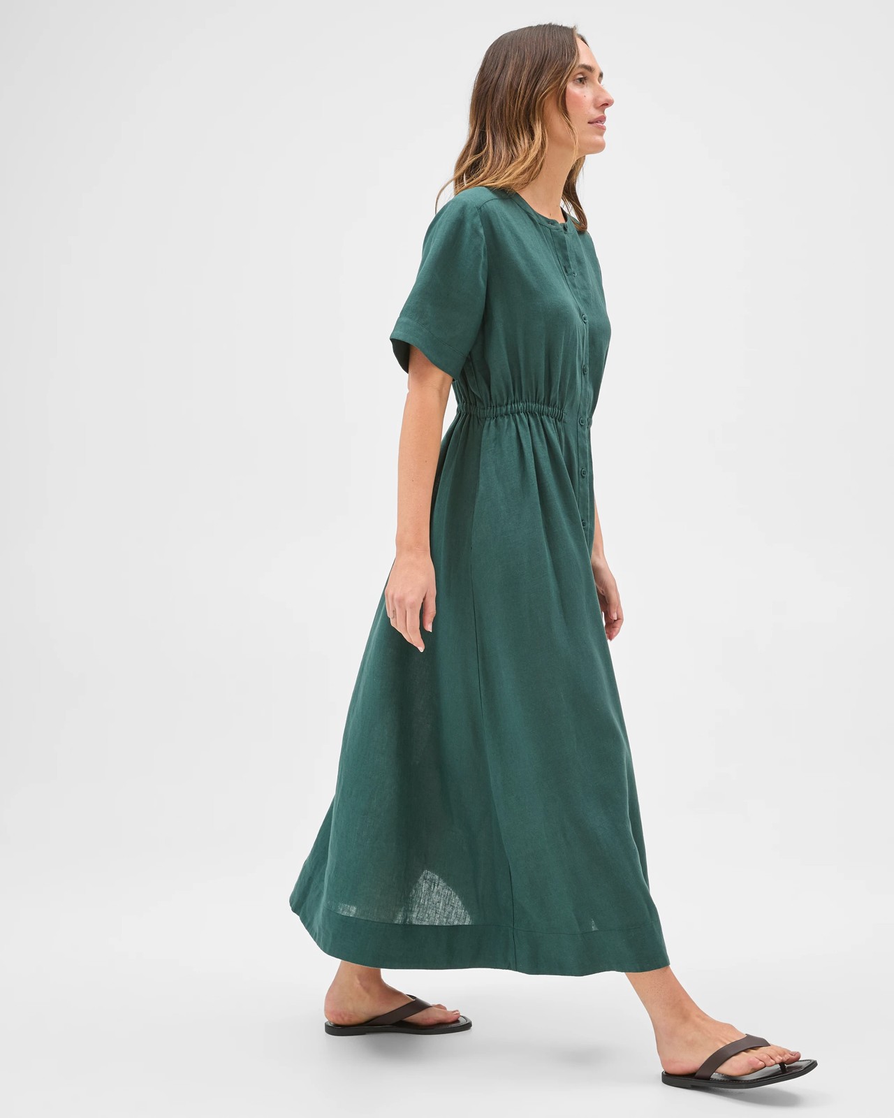 European Linen Short Sleeve Midi Femme Dress - Deep Forest 4 of 5