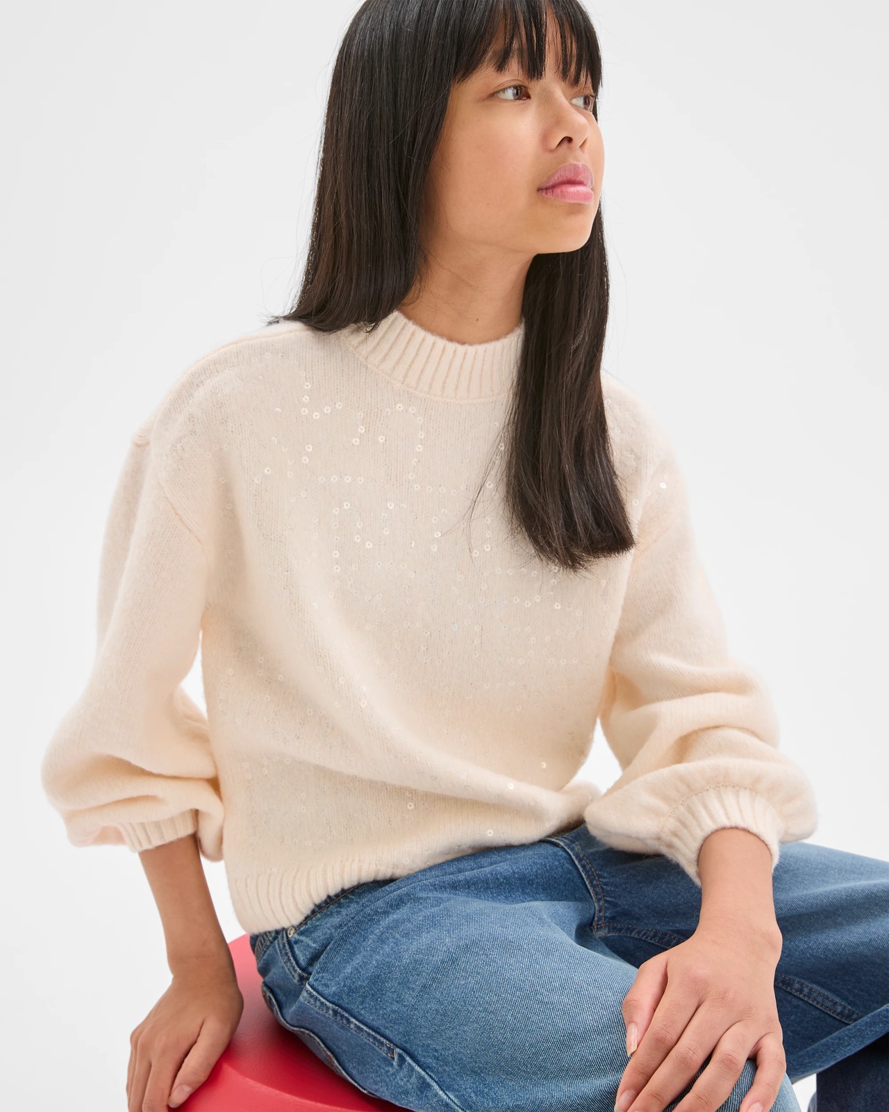 Sequin Long Balloon Sleeve Knit Jumper - Cream 3 of 5