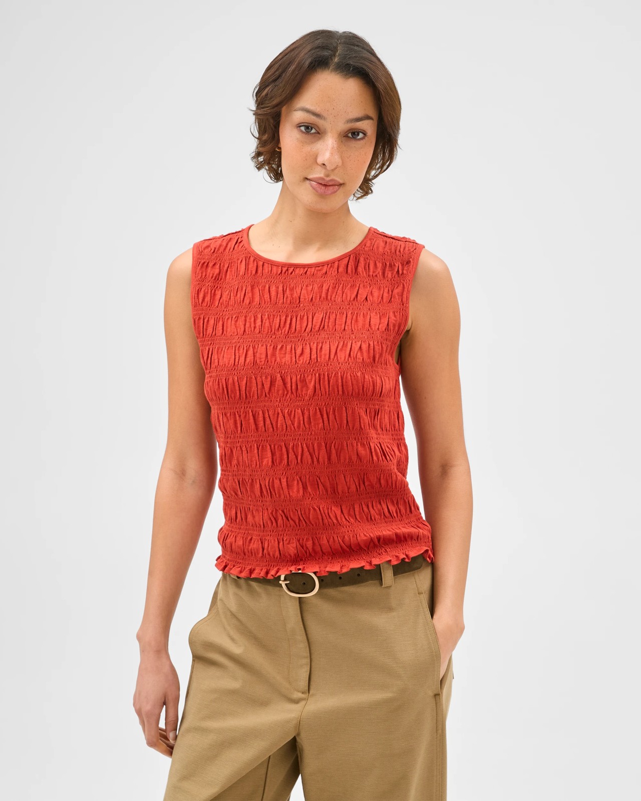 Australian Cotton Sleeveless Shirred Tank Top - Warm Terracotta 2 of 6