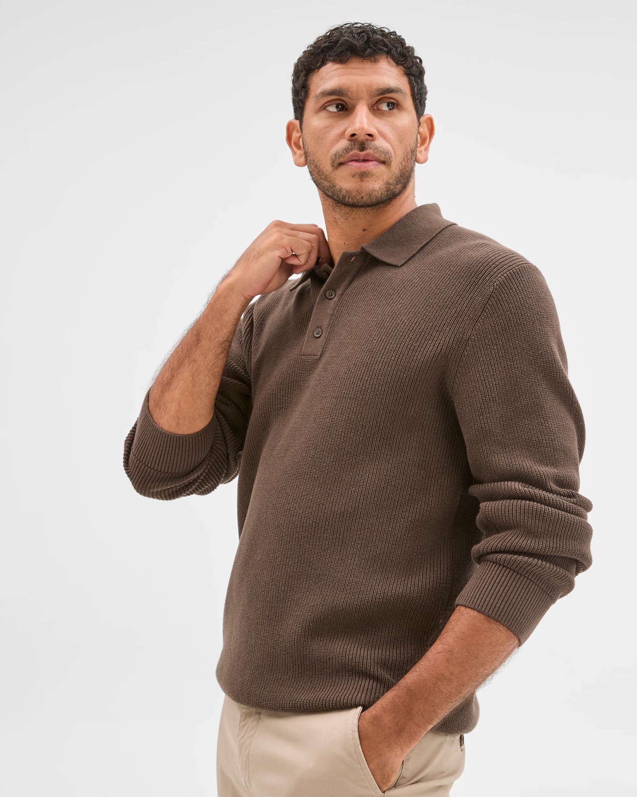 Australian Cotton Lightweight Long Sleeve Polo Neck Knit Sweater - Chocolate 3 of 6