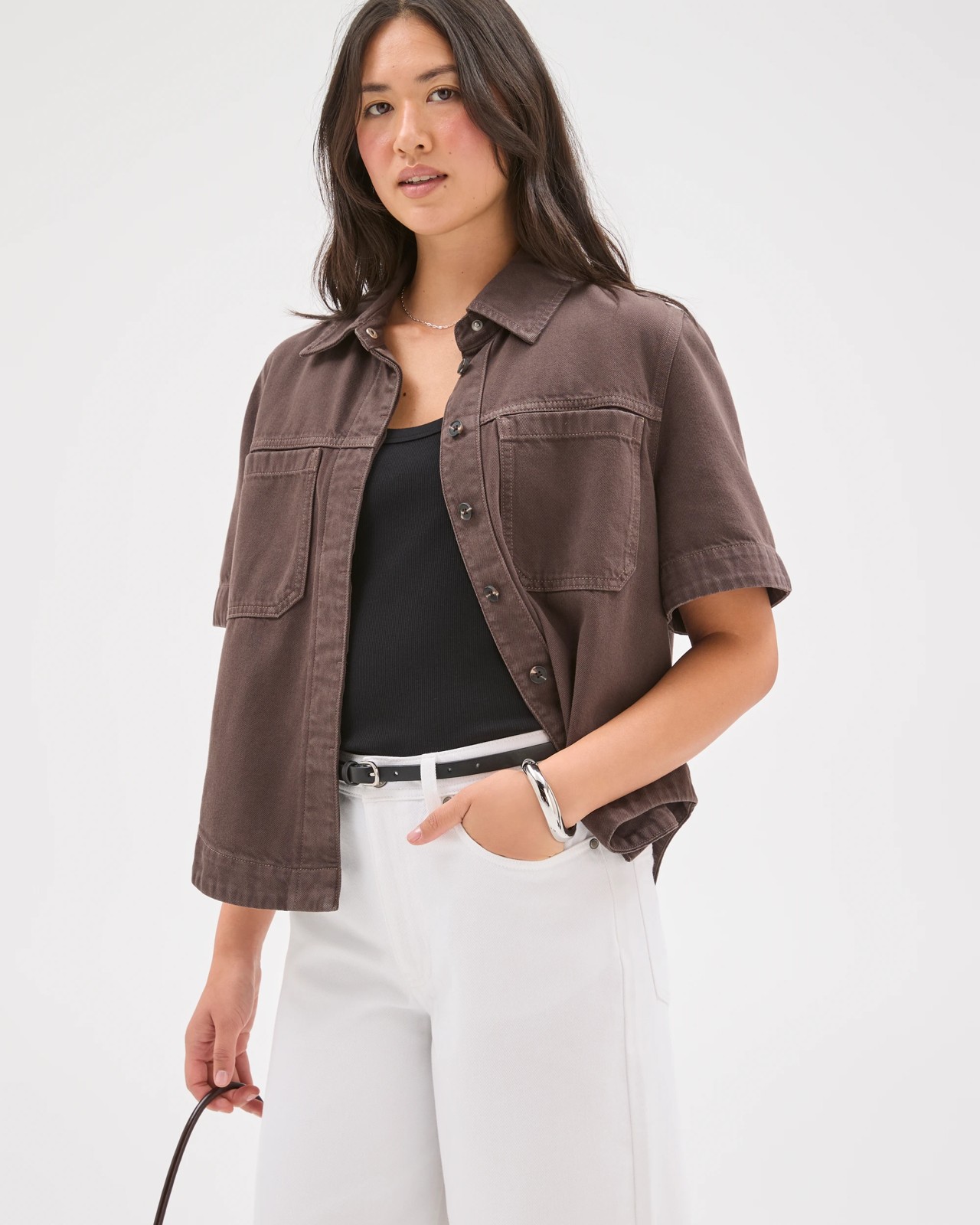 Short Sleeve Concealed Placket Denim Shirt 2 of 6