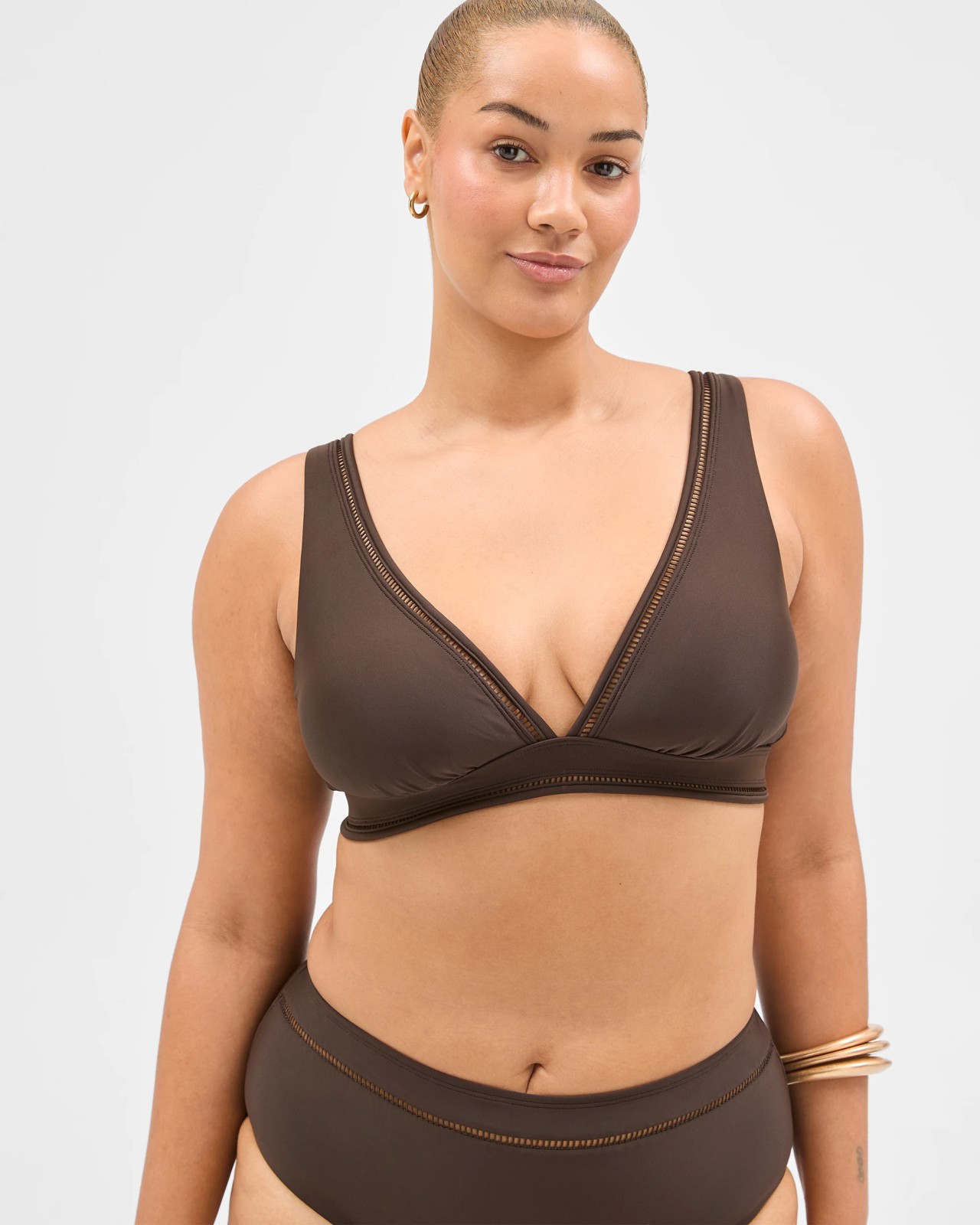 Shape Your Body Resort Ladder Trim V Neck Matte Micro Swim Bikini Top - Cocoa 4 of 6