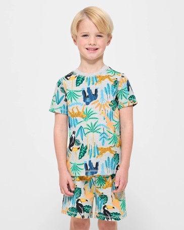 Print Cotton Waffle Pyjama Set - Grey Marle Jungle