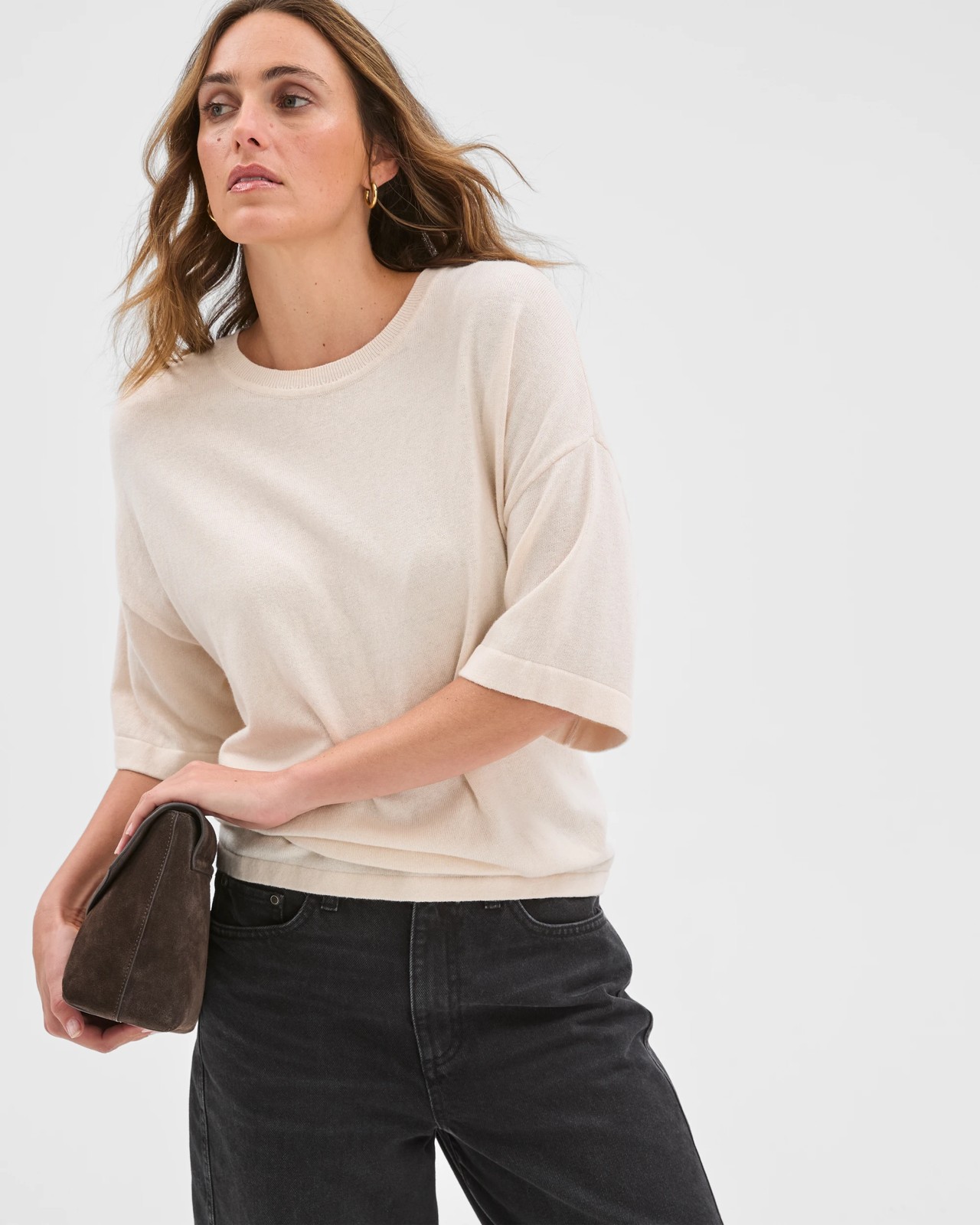Australian Cotton Blend Oversized Crew Neck T-Shirt - Pearl 2 of 6
