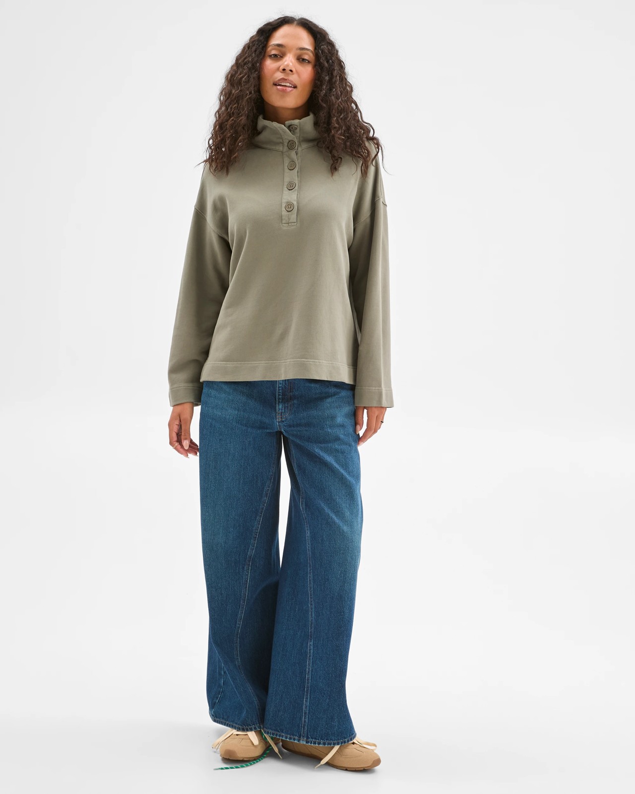 Australian Cotton Funnel Neck Button Front Jumper - Washed Olive 3 of 6