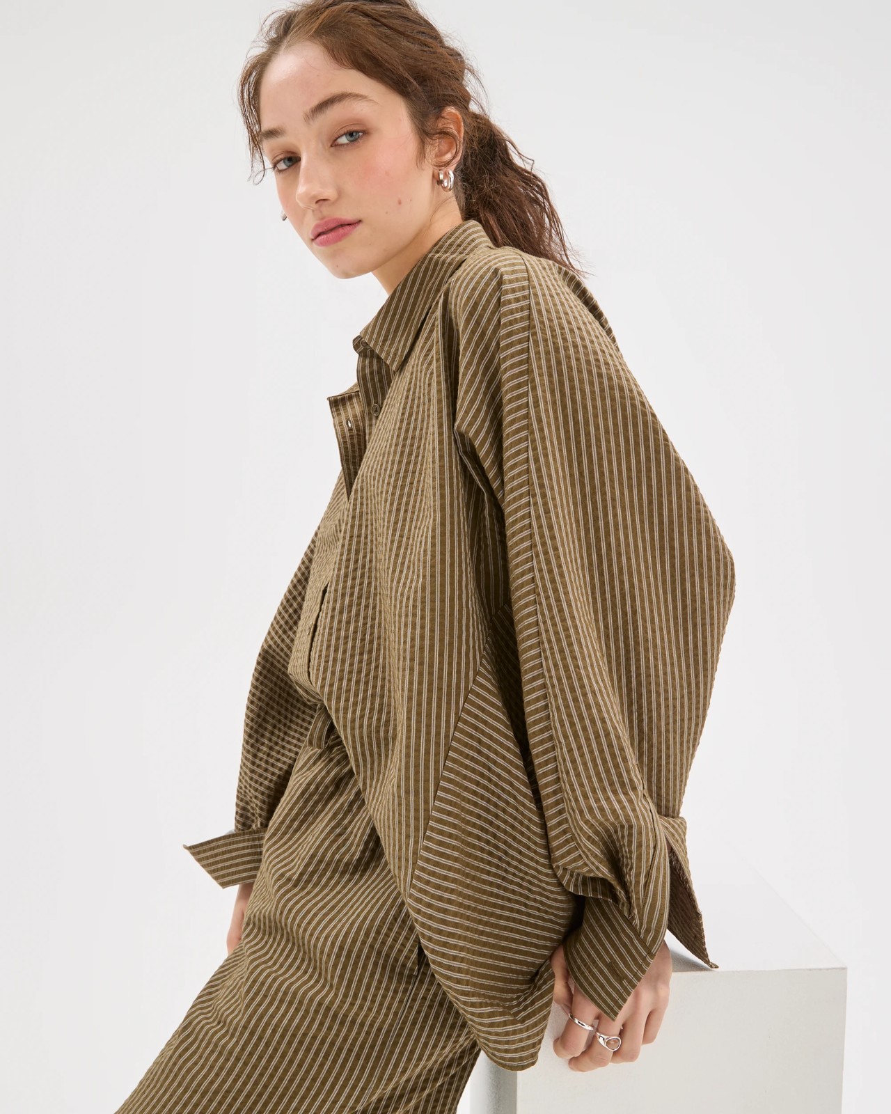 Lily Loves Australian Cotton Blend Oversized Shirt - Deep Moss Stripe 6 of 6