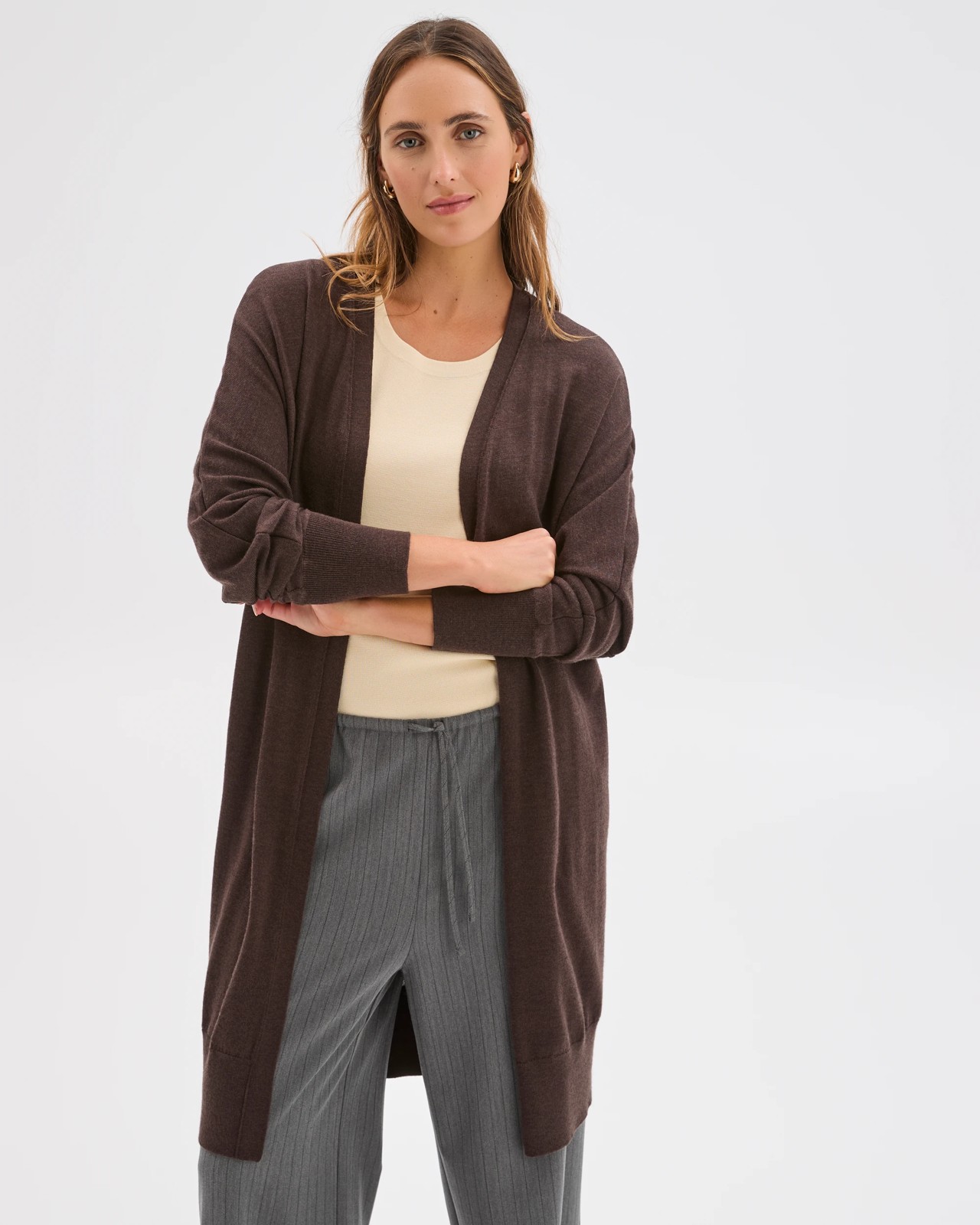 Australian Merino Wool Long Sleeve Longline Cardigan - Coffee Bean 2 of 5