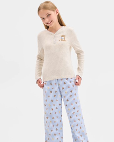 Australian Cotton Older Girls Henley Top and Flannel Pants Pyjama Set