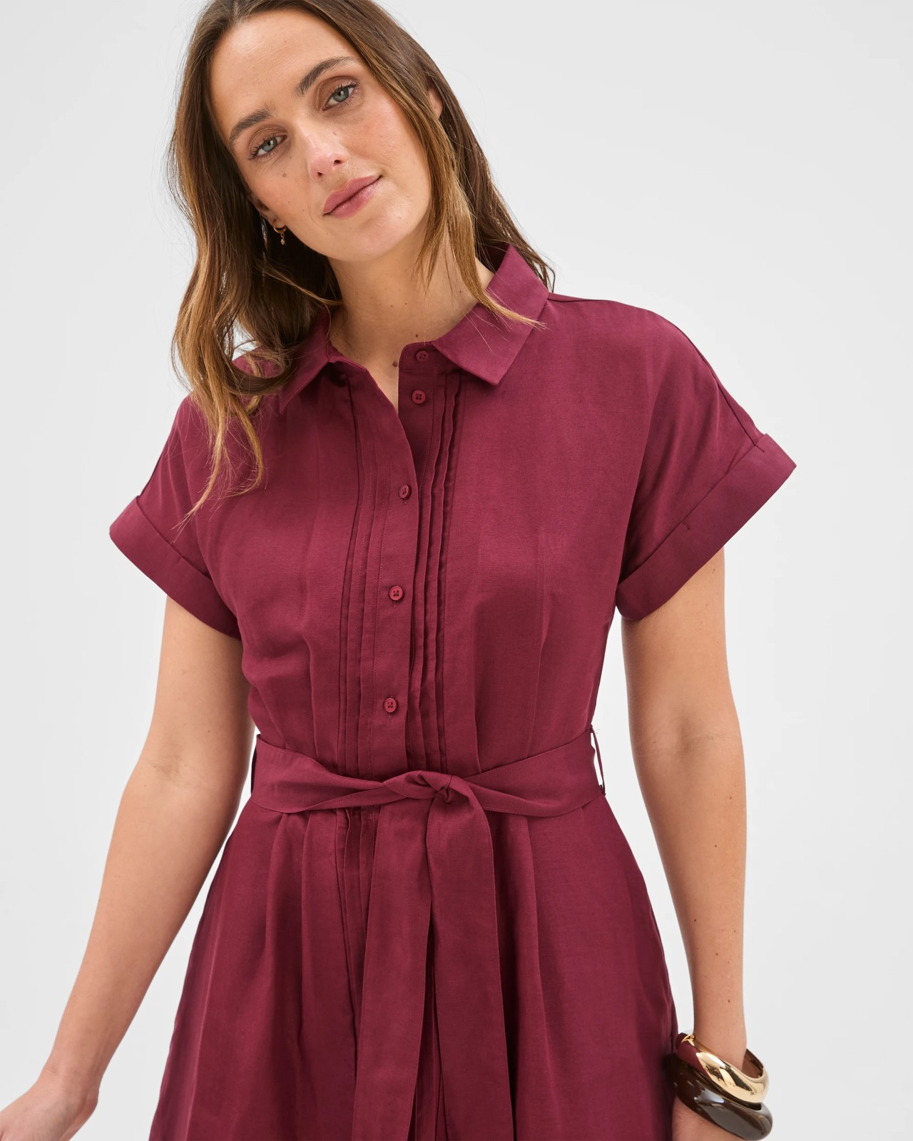 Preview Short Sleeve Pintuck Midi Shirt Dress - Sangria 5 of 5